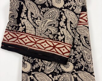 Cotton Saree with Unstitched Blouse Piece, Black Beige Paisley Ajrakh Bagru Saree, Soft Cotton Sari