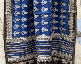 Chanderi Silk Saree with Zari Border, Indigo Blue Black Traditional Indian Sari with Blouse, Dabu Block Print Style Festive Wear