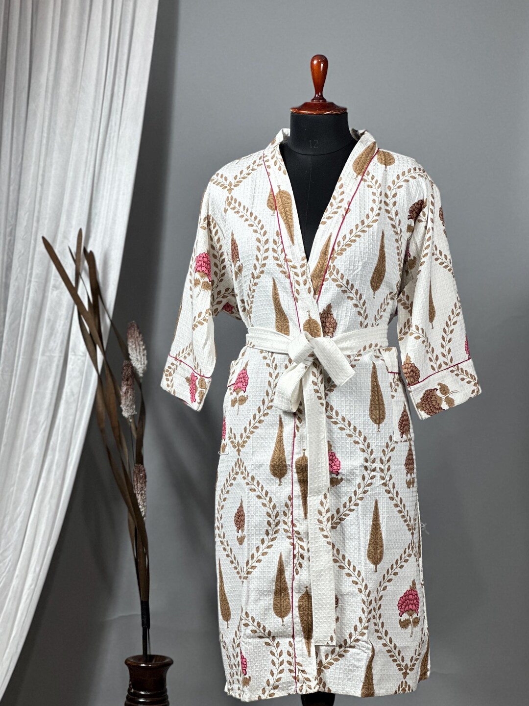 Cotton Bath Robe Hand Block Floral Print Waffle Fabric : Spa Loungewear ...