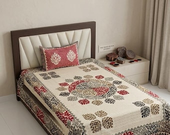 Floral Ethnic Printed Cotton Single Bedsheet with Pillow Cover