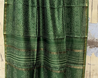 Chanderi Silk Saree with Zari Border, Emerald Forest Green Indian Traditional Sari with Blouse, Mehendi Festive Wear