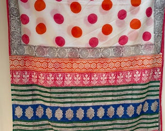 Cotton Saree with Unstitched Blouse Piece, White Pink Orange Polka Dot Saree, Soft Modern Cotton Sari