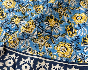 Blue Floral Hand Block Print Cotton Round Tablecloth, Dining Table Cover