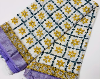 Floral Hand Block Printed Linen Cotton Saree: Party wear sari for women