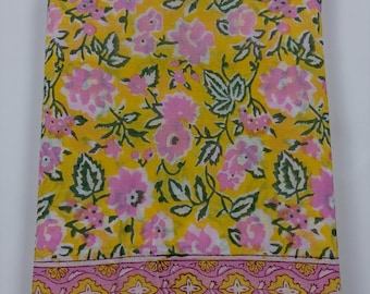 Hand Block Print Pure Cotton Saree with Unstitched Blouse Piece, Mustard Yellow Floral Jaipur Print Saree