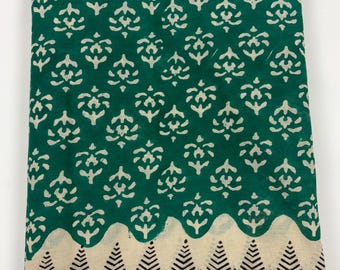 Cotton Saree with Unstitched Blouse Piece, Emerald Teal Green Floral Jaipur Sari