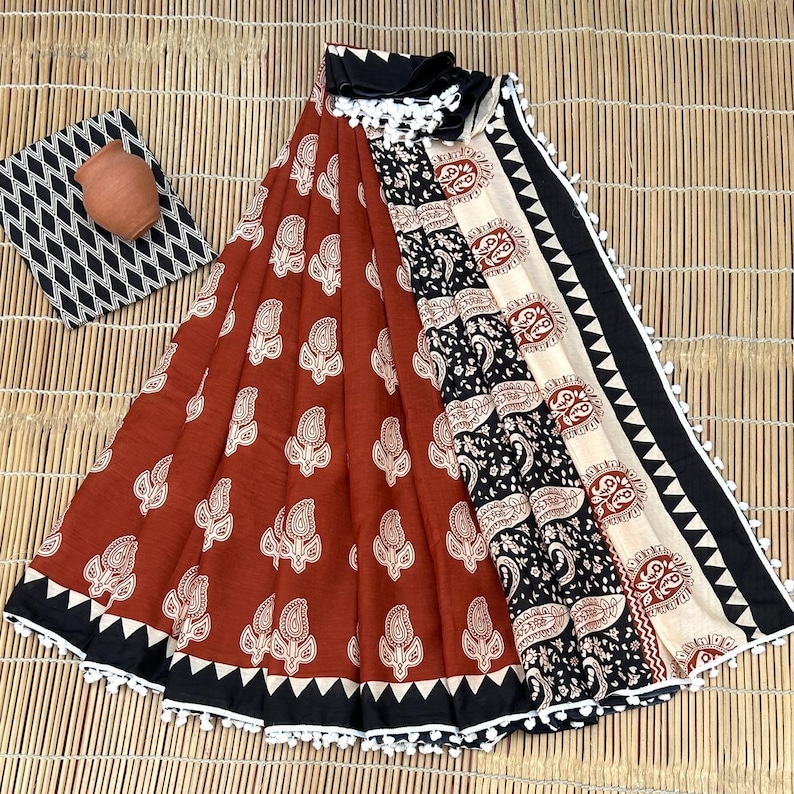 Block Print Cotton Saree with Pompom Lace - Indian Ethnic Wear with running unstitched blouse Pattern 1