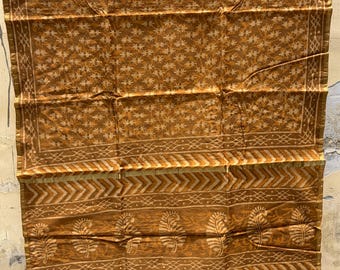Hand Block Printed Chanderi Silk Saree with Zari Border, Earthy Brown Mustard Indian Traditional Sari with Blouse