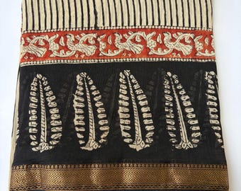 Hand Block Printed Maheshwari Silk Saree with Zari Border | Handloom Silk Cotton Saree | Traditional Indian Ethnic Wear