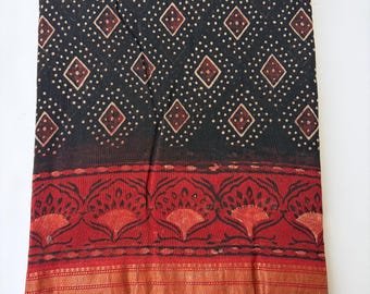 Hand Block Print Maheshwari Silk Saree | Black Red Ajrakh Zari Border Sari
