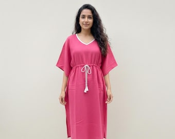 Cotton Kaftan Dress for Women - Beach cover up Relaxed Fit - Kantha work - Free Size