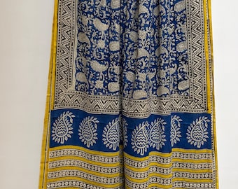 Cotton Saree with Unstitched Blouse Piece, Royal Blue Paisley Saree, Yellow Border Soft Cotton Sari Gift for Her