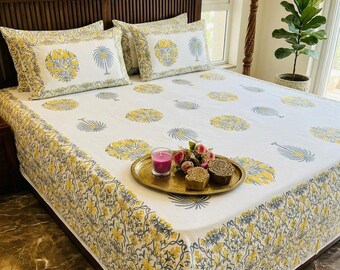 Super King size Cotton Bedsheet Hand Block Printed : Floral Print Bedding Set
