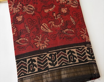 Maheshwari Silk Saree with Zari Border, Indian Ethnic Wear, Maroon Hand Block Traditional Sari