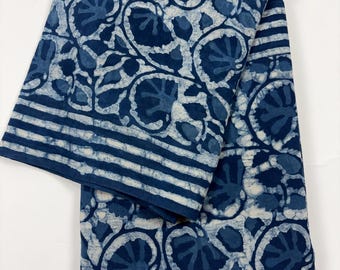 Indigo Dabu Print Pure Cotton Saree with Unstitched Blouse Piece, Blue Batik Print Saree, Soft Cotton Sari Gift for Her