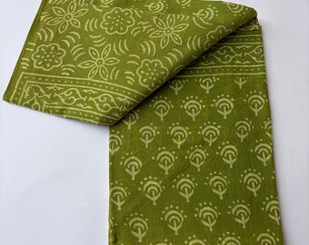 Pure Cotton Saree with Unstitched Blouse Piece, Olive Green Jaipur Print Ethnic Sari
