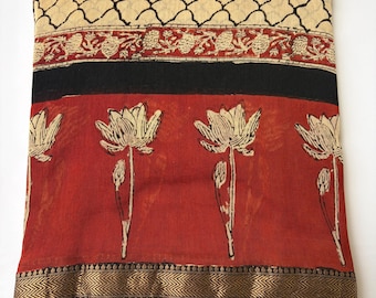 Beige & Red Maheshwari Silk Saree with Zari Border, Indian Ethnic Wear, Hand Block Traditional Sari