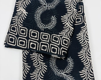 Hand Block Print Pure Cotton Saree with Unstitched Blouse Piece, Black Indigo Fern Print Dabu Saree