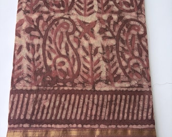 Hand Block Printed Chanderi Silk Saree with Zari Border, Maroon Brown Beige Paisley Batik Indian Traditional Sari with Blouse, Festive Wear