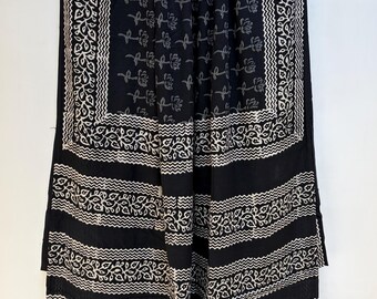 Pure Cotton Saree with Unstitched Blouse Piece, Black Indigo Floral Booti Dabu Style Saree, Soft Cotton Sari Gift for Her