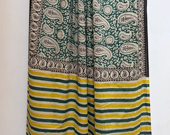 Cotton Saree with Unstitched Blouse Piece, Emerald Green Paisley Bagru Saree, Soft Cotton Sari