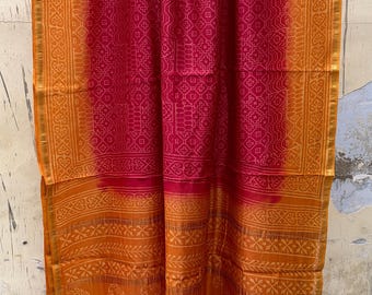 Chanderi Silk Saree with Zari Border, Mustard Yellow and Crimson Red Two-Tone Dual Shaded Indian Traditional Sari with Blouse