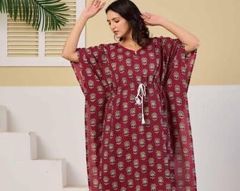 Pure Cotton Kaftan for Women - Relaxed Fit Midi Dress - Free Size