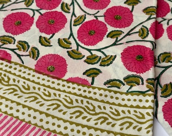 Pink Floral Hand Block Print Cotton Round Tablecloth, Dining Table Cover