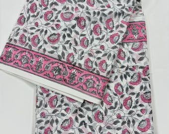 Pure Cotton Saree with Unstitched Blouse Piece, Off White Pink Floral Jaipuri Saree, Soft Cotton Sari