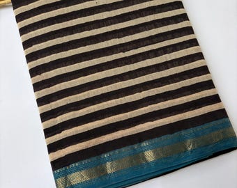Maheshwari Silk Saree with Zari Border | Black and Cream Striped Sari with Blue Border | Handcrafted Silk Cotton Indian Saree