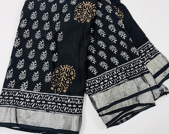 Black Hand Block Printed Linen Cotton Sarees: Party wear sari for women