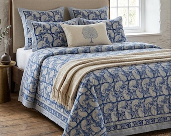 Blue Cotton Bedsheet King size with 2 pillow covers : Hand Block Printed Bedding Set