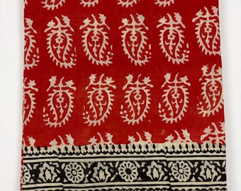 Hand Block Print Pure Cotton Saree with Unstitched Blouse Piece, Vibrant Red Paisley Booti Print