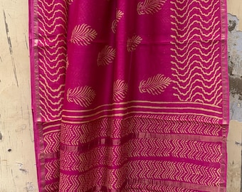 Hand Block Printed Chanderi Silk Saree with Zari Border, Magenta Fuchsia Pink Indian Traditional Sari with Blouse, Festive Wear