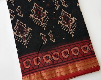 Maheshwari Silk Saree with Zari Border, Indian Ethnic Wear, Black & Red Hand Block Traditional Sari