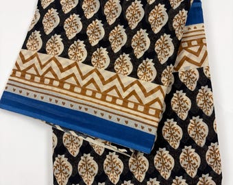 Hand Block Print Pure Cotton Saree with Unstitched Blouse Piece, Black Ochre Leaf Bagru Saree