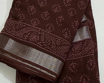 Dark Brown Linen Cotton Saree Hand Block Printed with unstitched blouse