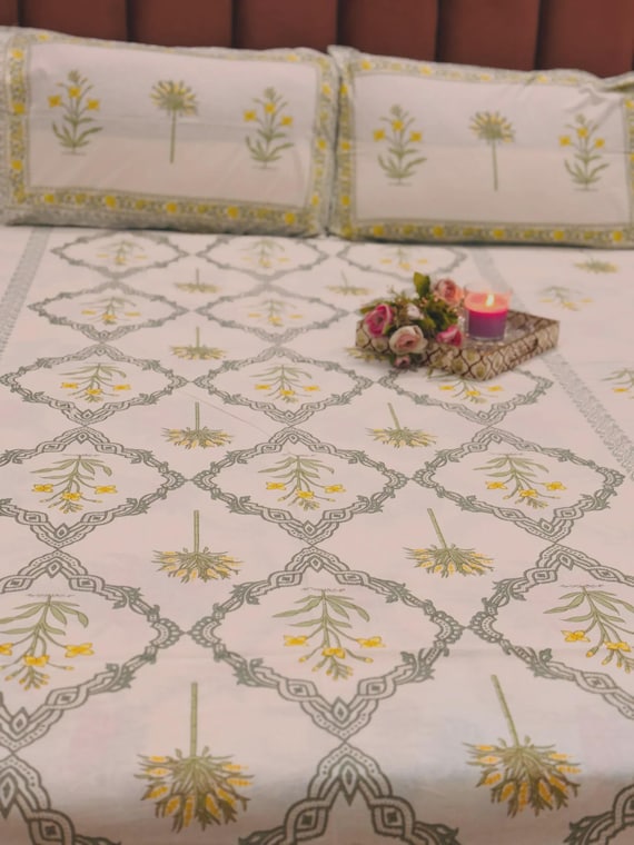Hand Block Printed King Cotton Bedsheet Set: Floral Boho Decor