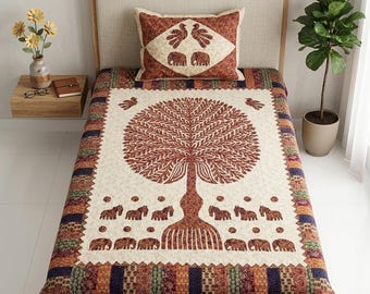 Barmeri Art Tree of Life Screen Printed Single Cotton Bedsheet with Pillow Cover