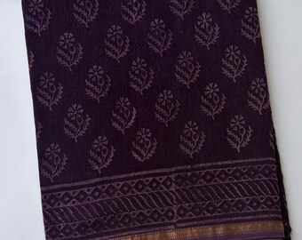 Hand Block Printed Chanderi Silk Saree with Zari Border, Dark Purple Plum Indian Traditional Sari with Blouse
