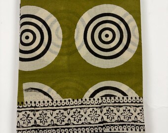 Pure Cotton Saree with Unstitched Blouse Piece, Olive Green Concentric Circle Dabu Print Saree, Geometric Soft Cotton Sari Gift for Her