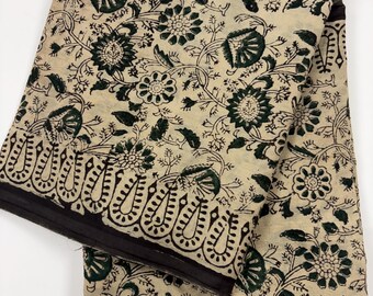 Cotton Saree with Unstitched Blouse Piece, Off White Forest Green Floral Jaipur Saree, Soft Cotton Sari