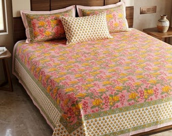 Handbedrukte beddengoedset kingsize katoenen laken met 2 kussenslopen