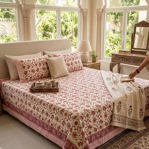 Sábana de algodón tamaño king con 2 fundas de almohada, estampada a mano: Juego de cama
