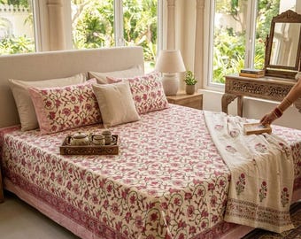 King size Cotton Bedsheet with 2 pillow covers Hand Block Printed : Bedding Set