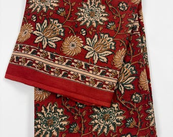 Hand Block Print Pure Cotton Saree with Unstitched Blouse Piece, Maroon Red Floral Kalamkari Saree