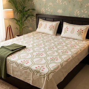 Handblock Gedruckt King size Baumwoll Bettlaken: Boho Blumen Bettwäsche Set