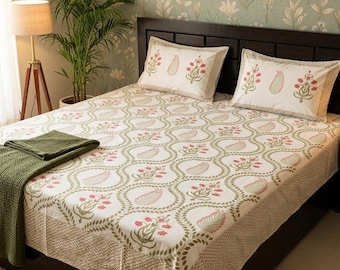 Hand Block Printed King size Cotton Bedsheet: Floral Boho Bedding Set