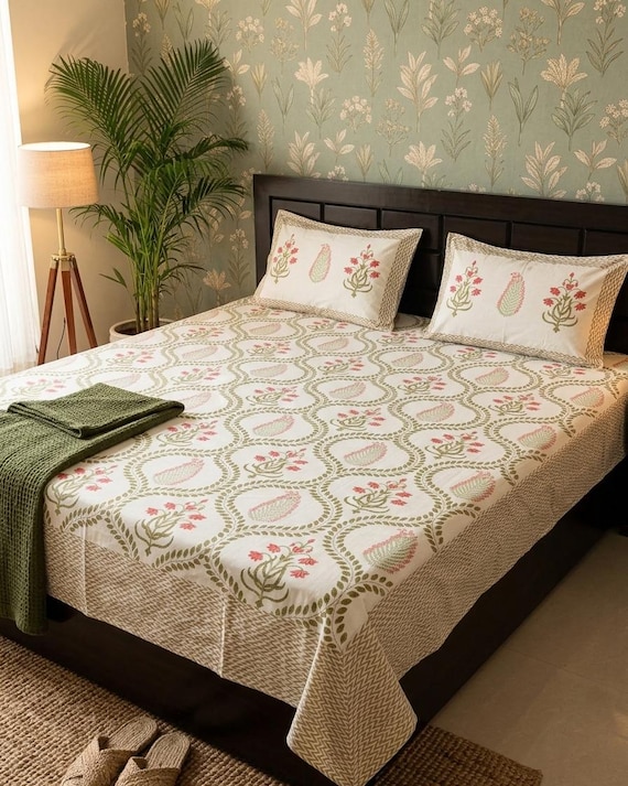 Hand Block Printed King size Cotton Bedsheet: Floral Boho Bedding Set