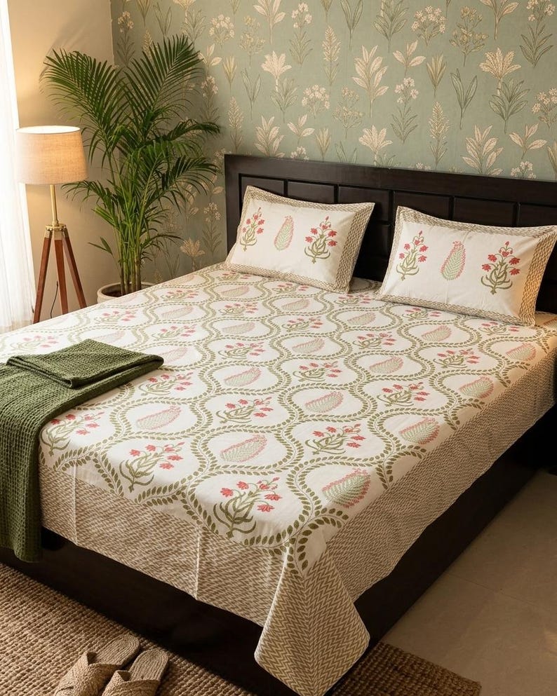 Hand Block Printed King size Cotton Bedsheet: Floral Boho Bedding Set image 1